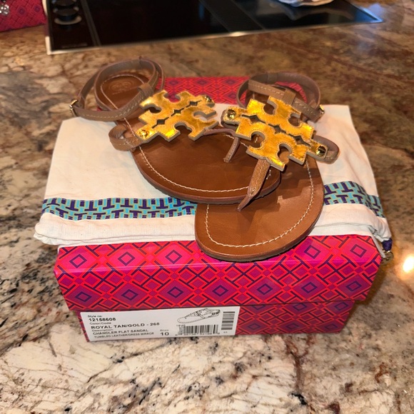 Tory Burch Royal Tan Gold Chandler Flat Sandal Leather - Size 10 - Picture 2 of 6